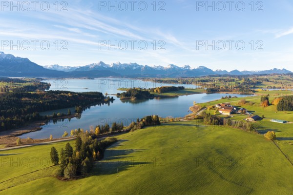 Idyllic scenery with vast meadows, a quiet lake and a mountain range, Illasbergsee, Forggensee, near Roßhaupten, Ostallgäu, Allgäu, Swabia, Bavaria, Germany