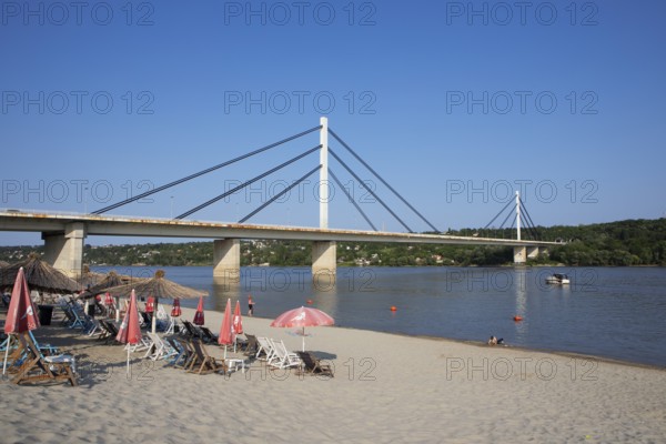 City beach on the Danube and Freedom Bridge, Novi Sad, Vojvodina Province, Serbia