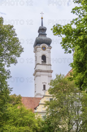 A tall church tower rises above the treetops, dominates the cloudy sky, ZFP Zwiefalten, Reutlingen district, Germany