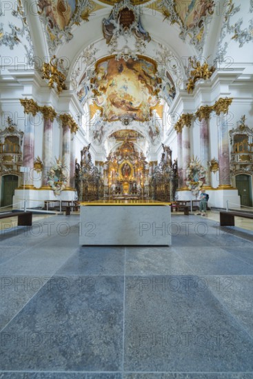 Richly decorated chancel in a baroque church with magnificent frescoes, ZFP Zwiefalten, Reutlingen district, Germany
