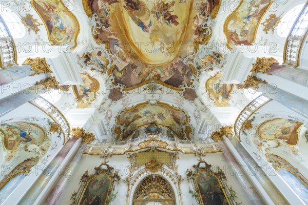 Beautifully decorated church ceiling in Baroque style with detailed frescoes and golden ornaments, ZFP Zwiefalten, Reutlingen district, Germany