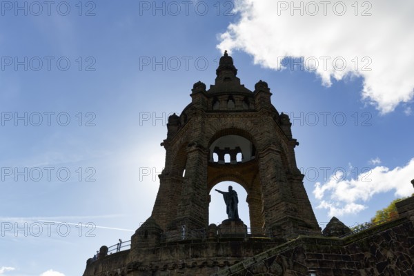 Kaiser Wilhelm Memorial, national monument with dome, landmark, sunny autumn weather, backlight, Porta Westfalica, Ostwestfalen-Lippe, East Westphalia, North Rhine-Westphalia, Germany