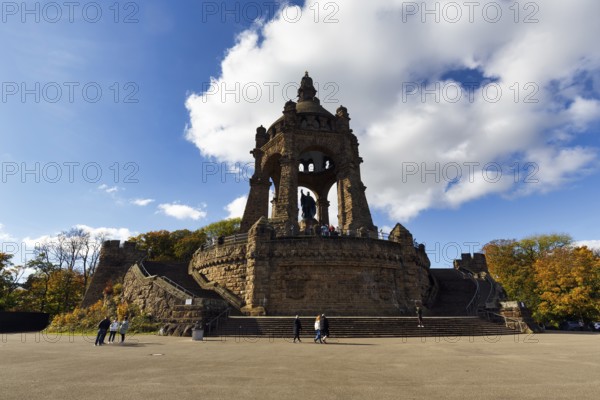 Kaiser Wilhelm Memorial, national monument with dome, landmark, sunny autumn weather, visitors on viewing platform, Porta Westfalica, Ostwestfalen-Lippe, East Westphalia, North Rhine-Westphalia, Germany