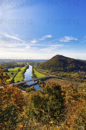 View from Porta Kanzel viewing platform to Wittekindsberg, Weser, Weser Valley, the North German Lowlands, Weser Bridge, sunny autumn weather, Porta Westfalica, East Westphalia-Lippe, East Westphalia, North Rhine-Westphalia, Germany