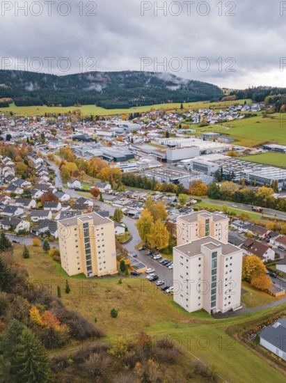 City view with skyscrapers and autumn trees under cloudy sky, Wehingen, Tuttlingen district, Germany