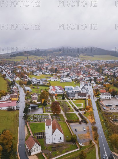 Town with white buildings and church, surrounded by trees, with wooded hills in the background under cloudy sky, Wehingen, Tuttlingen district, Germany