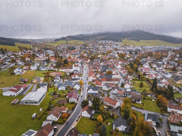 Urban landscape with a dense network of houses, surrounded by autumnal nature and hills, Wehingen, Tuttlingen district, Germany