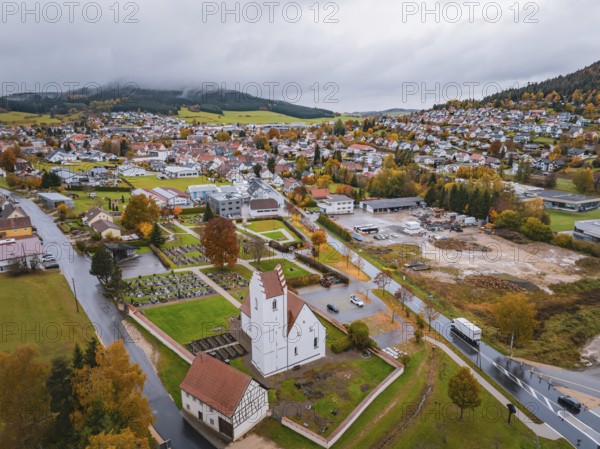 Urban view with church and residential buildings surrounded by autumn trees and mountains under a cloudy sky, Wehingen, Tuttlingen district, Germany