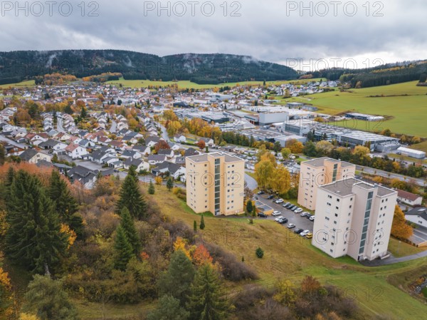 Aerial view of a village with skyscrapers and autumn leaves, Wehingen, Tuttlingen district, Germany