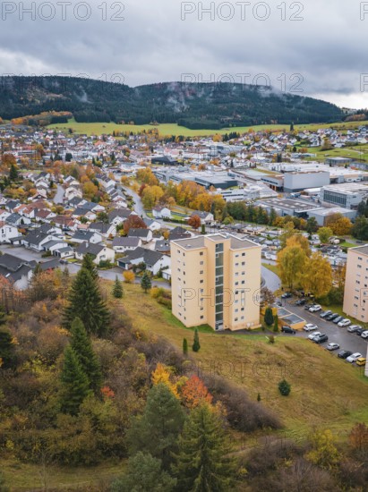 City with several skyscrapers and autumn trees in the background, Wehingen, Tuttlingen district, Germany