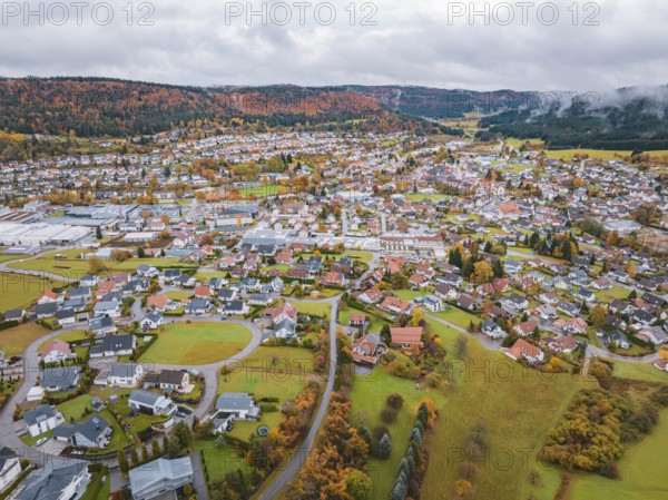 Spacious village surrounded by autumn landscape, photographed from the air, Wehingen, Tuttlingen district, Germany