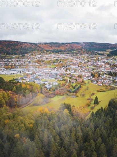Village surrounded by autumnal landscape with foggy foothills, Wehingen, Tuttlingen district, Germany