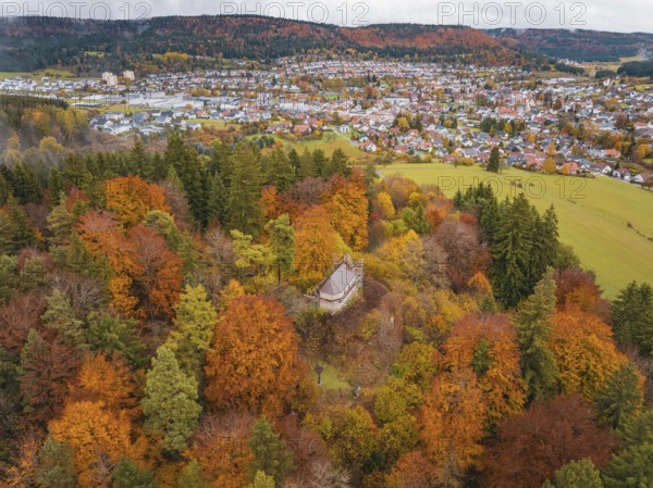 Autumn forest with observation tower above a village on hills, Wehingen, Tuttlingen district, Germany