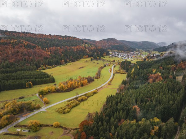 Autumn valley with colorful trees and meadows, crossed by a road and surrounded by mountains, Wehingen, Tuttlingen district, Germany