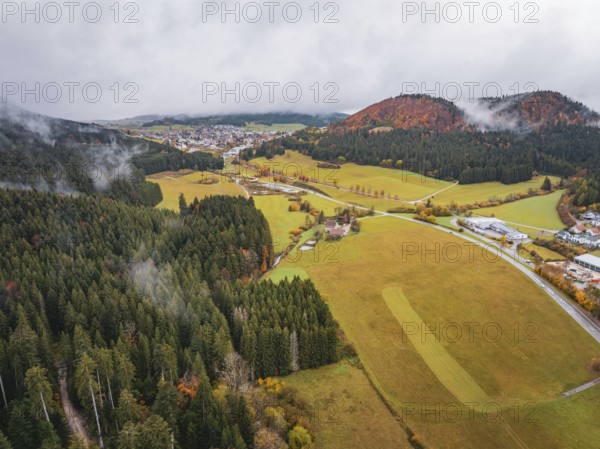 Panorama of a vast landscape with fields and forests in an autumnal setting, Wehingen, Tuttlingen district, Germany