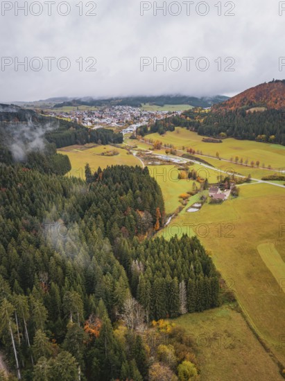 Wide landscape with forest and autumnal hills hidden under thick fog, Wehingen, Tuttlingen district, Germany