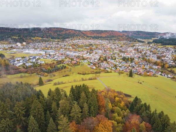 Village in autumn landscape with colorful trees and cloudy sky, Wehingen, Tuttlingen district, Germany