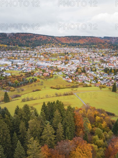 Village and surrounding landscape seen from above in vivid autumn colors, Wehingen, Tuttlingen district, Germany