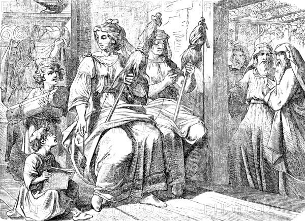 The virtuous housewife, she handles wool and flax, and likes to work with her hands, The sayings of Solomon, chapter 31, living room, spindle, work, two woman, helping children, mother, daughter, men, watching, shelf, plate, Old Testament, Bible, historical illustration 1877
