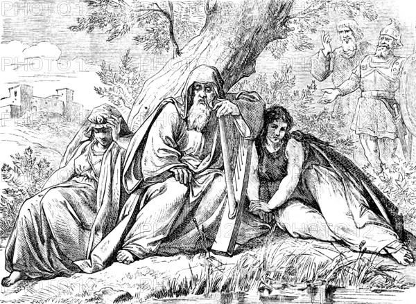 Review of the time of whining in Babel, The Psalter, psalm 137, Babylonia, harp, Zion, song, God, tongue, grief, reflection, suffering, melancholy, shore, destruction, sitting, lying, leaning on, tree trunk, burden, fatigue, Old Testament, Bible, historical illustration 1877