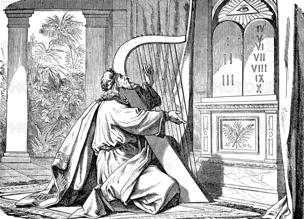 King David's request, Lord, bow your ears and hear me, for I am wretched and poor, The Psalter, Psalm 86, playing the harp, 10 Commandments of Moses, eye, palm garden, pillars, Old Testament, Bible, historical illustration 1877