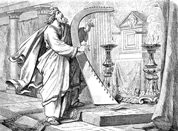 Song of thanks after King David Victory and Return, The Psalter, Psalm 21, playing the harp, altar, oil lamps, smoke, pillars, carpet, curtain, looking up, Old Testament, Bible, historical illustration 1877