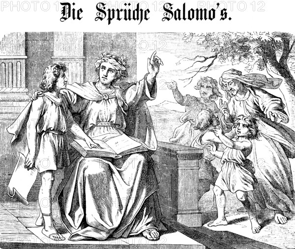 Wisdom calls and warns, emphatic warning against seduction, The sayings of Solomon, chapter 1, King of Israel, son of David, discipline, reason, prudence, justice, right and evil, wise, wise, foolishness, teaching of the wise, nefarious, father, mother, children, book, porch, index finger, learn, headline, Old Testament, Bible, historical illustration 1877