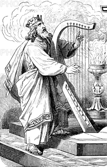 Song of thanks after King David victory and return, The Psalter, psalm 21, playing the harp, oil lamp, smoke, Old Testament, Bible, looking up, historical illustration 1877