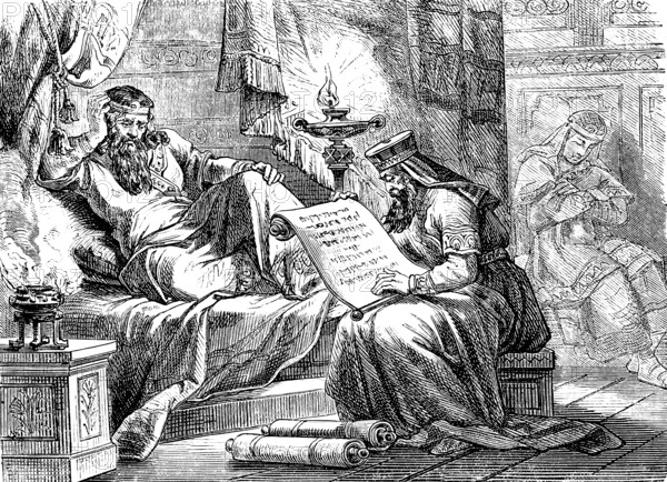 King Ahasuerus has the history books read aloud to him, The Book of Esther, chapter 6, Esther, history, book, scroll, couch, oil lamp, bed, priest, incense, sleeping servant, Old Testament, Bible, historical illustration 1877