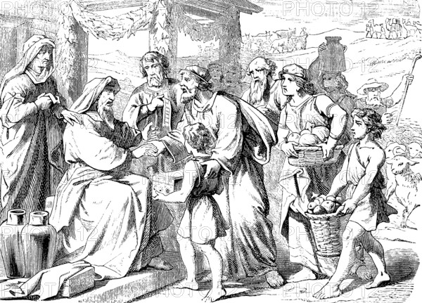 Job's renewed prosperity, everyone gave him a nice penny and a golden headband, The Book of Job, chapter 42, God, forgive, suffering, end, guests, visit, gifts, money, gold, baskets, fruit, fruits, Old Testament, Bible, historical illustration 1877