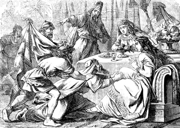 Haman stood up and asks Queen Esther for his life, King Ahasuerus wrath, The Book of Esther, chapter 7, dining table, sitting, kneeling down, Esther, pleading, Eunuch Harbona, wrath, anger, judgment, death, Old Testament, Bible, historical illustration 1877