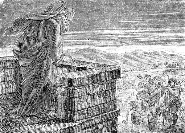 Warden, is the night over soon? The Prophet Isaiah, chapter 21, mountain landscape, morning, darkness, questions, tower, people, Arabia, Babel, God of Israel, Old Testament, Bible, historical illustration 1877
