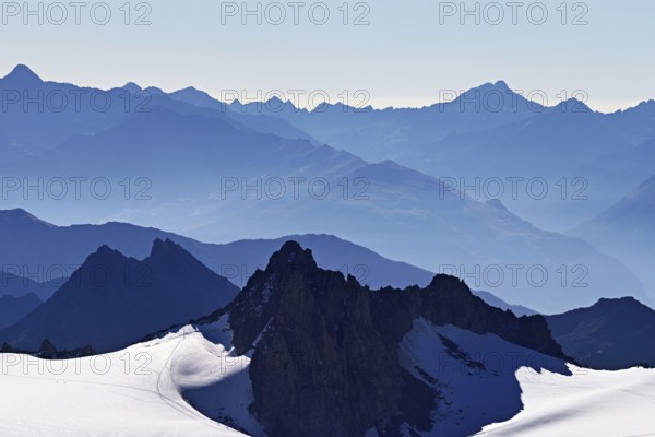 View of the snow-capped mountains from the Aiguille du Midi mountain station observation deck, Chamonix-Mont-Blanc, Haute-Savoie, France