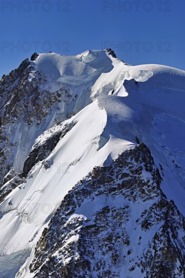 Snow-covered, Mont-Blanc, Aiguille du Midi mountain station viewing platform, Chamonix-Mont-Blanc, Haute-Savoie, France