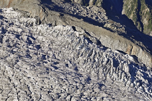 View from the Télécabine Panorama Railway of the glacial crevices of the Glacier du Géant, Chamonix-Mont-Blanc, Haute-Savoie, France