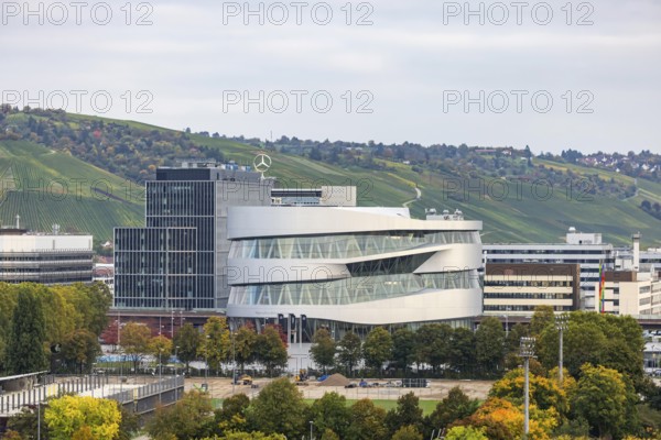 Office building at the headquarters of Mercedes-Benz Group AG in Untertürkheim. Mercedes-Benz Museum. Stuttgart, Baden-Württemberg, Germany