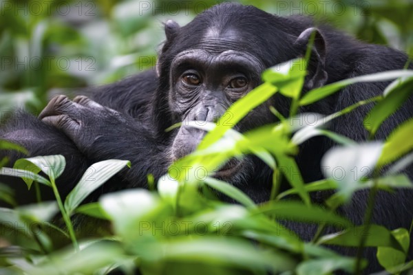 Beautiful animal portrait, chimpanzee (Pan Troglodytes), adult male among leaves in the jungle, Kibale National Park, Uganda