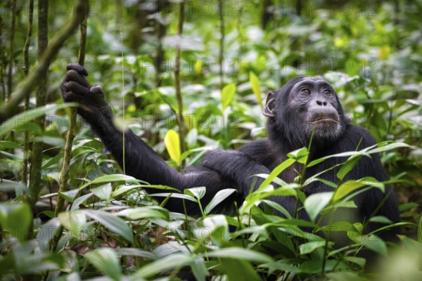 Animal portrait, chimpanzee (Pan Troglodytes) looking longingly, hopeful, adult male between leaves in the jungle, Kibale National Park, Uganda