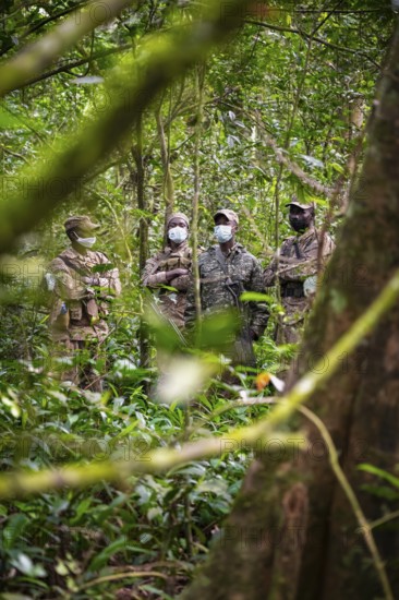 Soldiers, rangers in the jungle, guarding chimpases in the jungle, animal welfare, Kibale National Park, Uganda