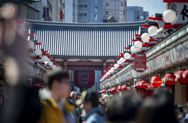 View of numerous visitors on Nakamise-dori shopping street at the Thunder Gate Kaminarimon of Asakusa Shrine or Senso-ji Temple, blooming cherry trees, Buddhist temple complex, Asakusa, Tokyo, Japan