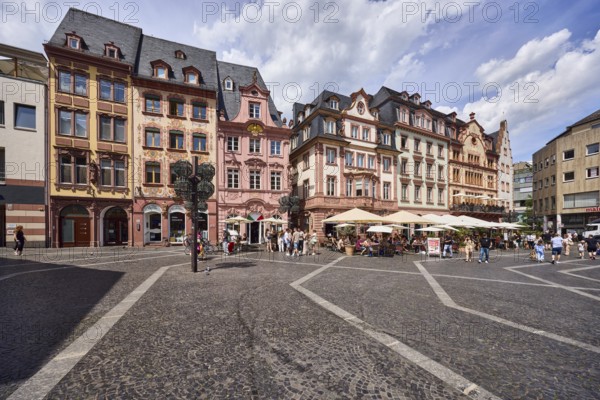 Square made of paving stones and marble slabs with pattern, row of houses, reconstructed historic buildings, outdoor area of a restaurant, lantern, pedestrians as a secondary motif, blue sky, cumulus clouds, cirrus clouds, nimbostratus clouds, market square, Mainz, state capital, district-free city, Rhineland-Palatinate, Germany