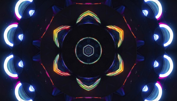 Abstract background of slightly unfocused multicolored glass lenses spinning and rotating, wallpaper illustration in vibrant neon colors, mandala background for business, textures and pattern, AI generated