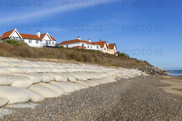 Clifftop houses at risk from coastal erosion, Thorpeness, Suffolk, North Sea coast, England, UK October 2025