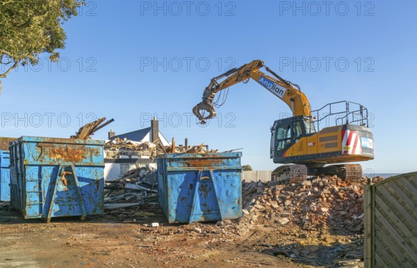 Demolition of Jean Flick's house, The Warren, Thorpeness, Suffolk, England, UK due to rapid coastal erosion of the North Sea coast, October 2025