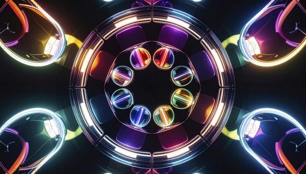 Abstract background of slightly unfocused multicolored glass lenses spinning and rotating, wallpaper illustration in vibrant neon colors, mandala background for business, textures and pattern, AI generated