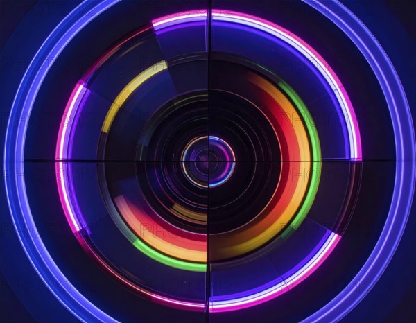 Abstract background of slightly unfocused multicolored glass lenses spinning and rotating, wallpaper illustration in vibrant neon colors, mandala background for business, textures and pattern, AI generated