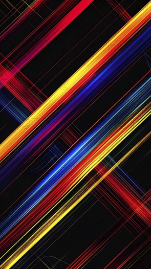 Abstract digital art featuring vibrant, intersecting neon lines creating a geometric pattern, Intersecting neon lines form a vibrant abstract geometric grid against a black background, Seamless looping illustration, colorful diagonal lines, creating a modern dynamic template background, vibrant colored lines and geometric forms for business or technology wallpaper, AI generated