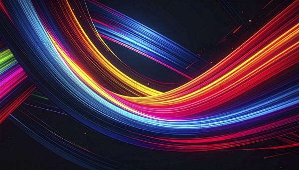 Abstract digital art featuring vibrant, intersecting neon lines creating a geometric pattern, Intersecting neon lines form a vibrant abstract geometric grid against a black background, Seamless looping illustration, colorful diagonal lines, creating a modern dynamic template background, vibrant colored lines and geometric forms for business or technology wallpaper, AI generated