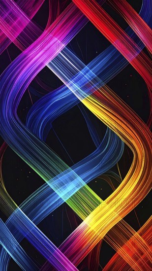 Abstract digital art featuring vibrant, intersecting neon lines creating a geometric pattern, Intersecting neon lines form a vibrant abstract geometric grid against a black background, Seamless looping illustration, colorful diagonal lines, creating a modern dynamic template background, vibrant colored lines and geometric forms for business or technology wallpaper, AI generated