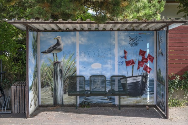 Bus stop painted with a Baltic Sea motif, Wieck a. Darß, Baltic Sea, Mecklenburg-Western Pomerania, Germany